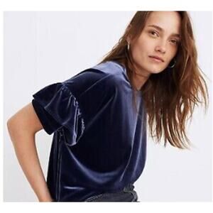 Madewell Velvet Short Ruffle Sleeve Top Blue Size XXS